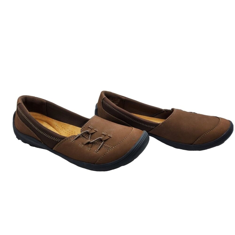 clarks collection womens brown leather fiana ease side-laced slide on loafers
